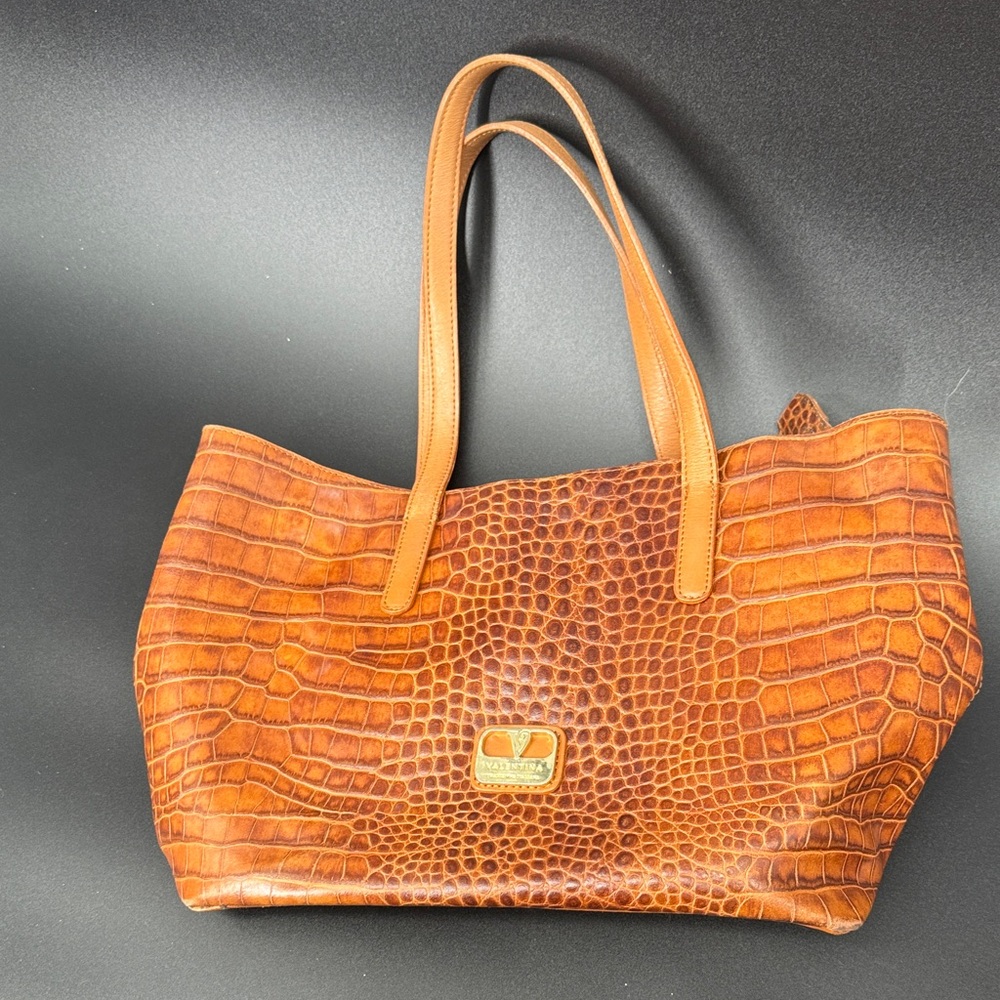 Valentina Cognac Croc-Embossed Leather Tote